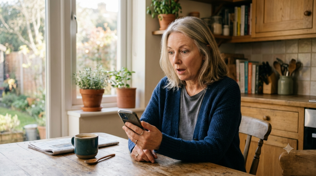 Person in their 50s looking surprised at their phone showing an AI spending breakdown at the kitchen table