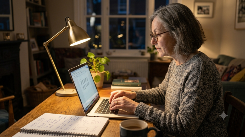 Person using AI tools to write online content at home in the evening