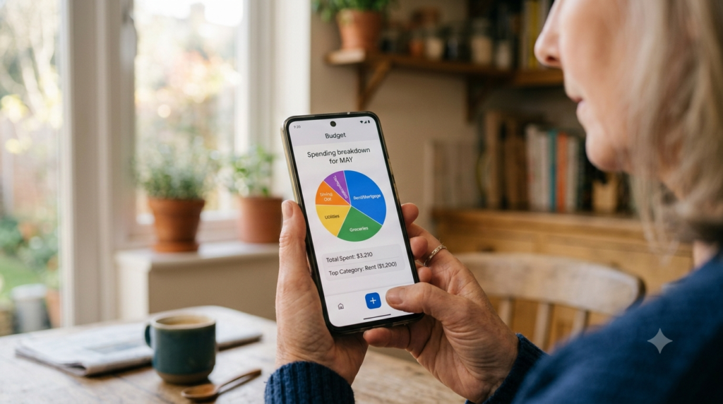Smartphone displaying a budgeting app's AI-powered spending category breakdown