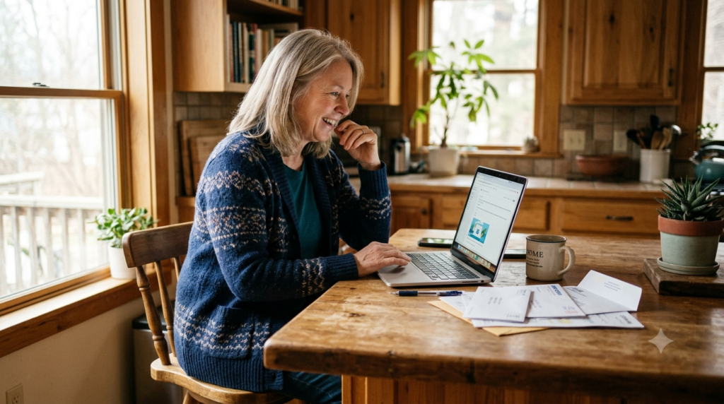 Person in their 50s looking surprised at laptop screen with utility bills on the table, discovering free AI tools that save money