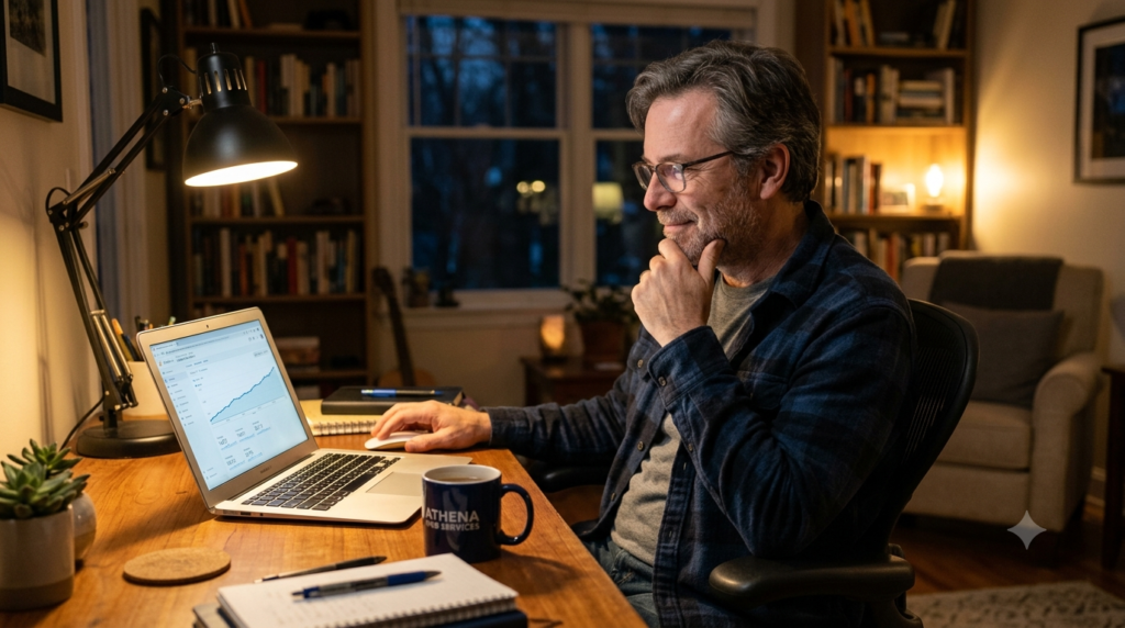 Person in their 50s looking at their blog's analytics on a laptop at home, seeing early signs of passive income growth