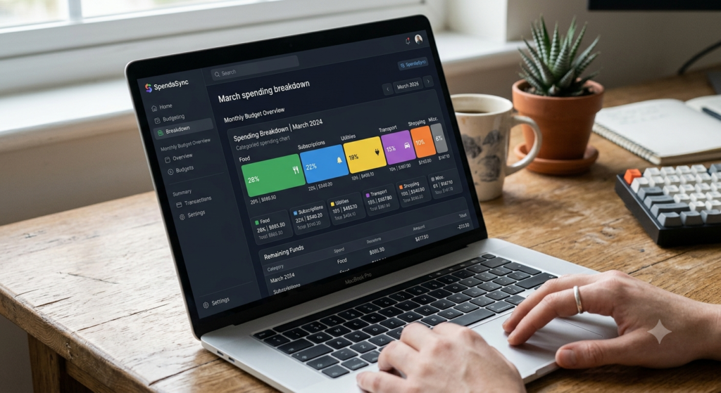 person smiling at budget summary app on phone over morning coffee