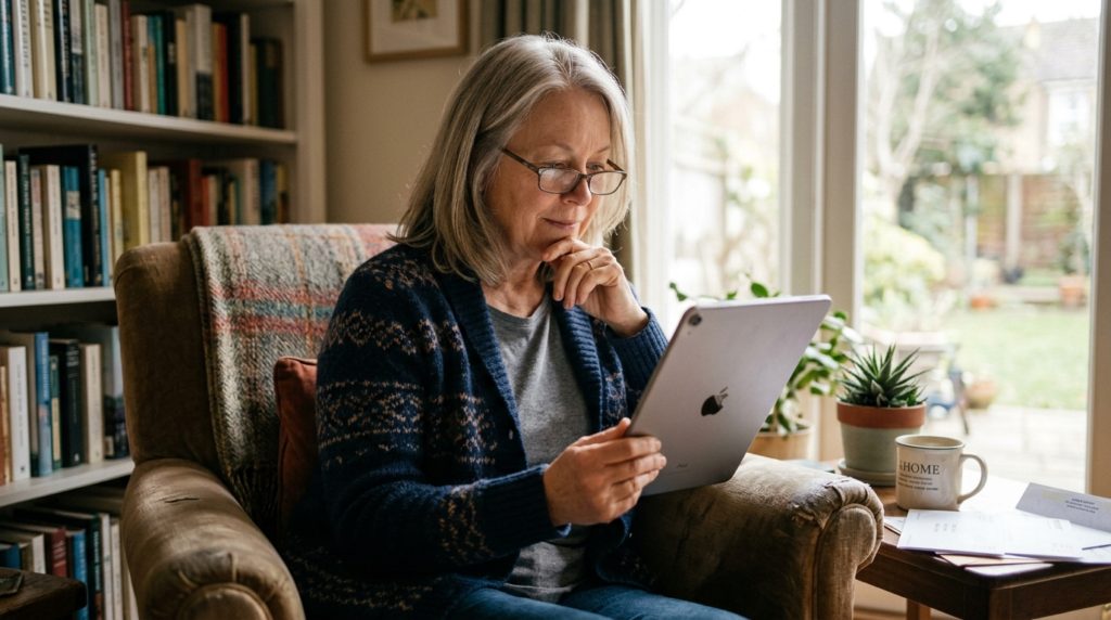 Person in their late 60s reading an AI chatbot response on a tablet with a thoughtful expression