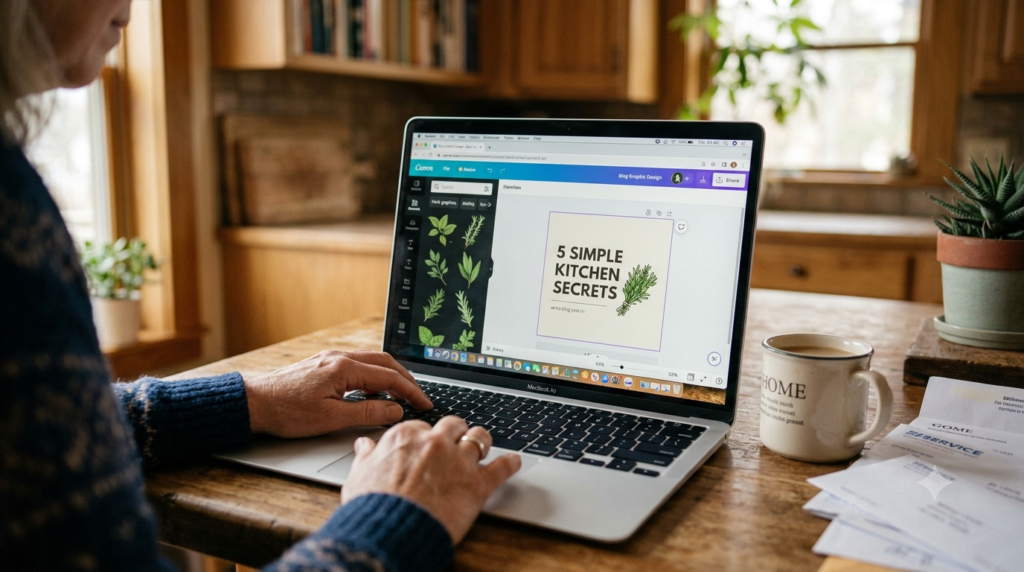 Canva AI design interface on a laptop screen being used to create blog graphics for free