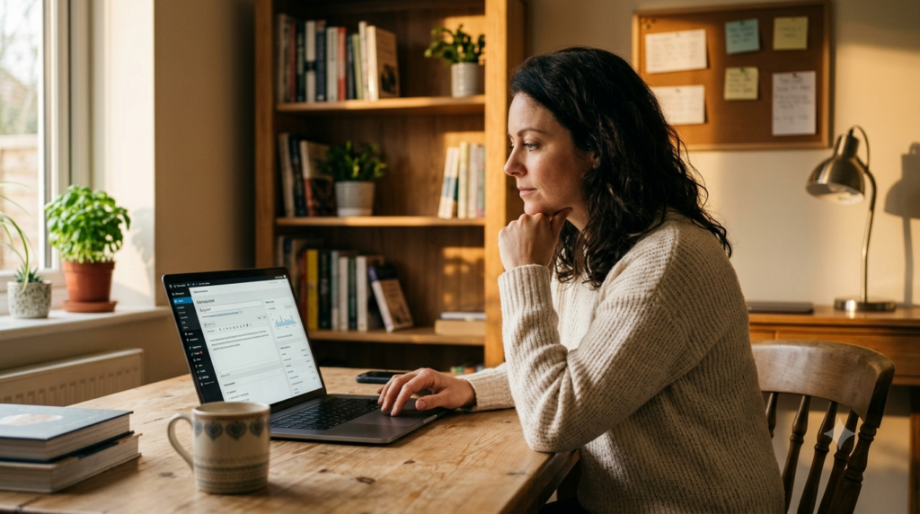 person looking thoughtfully at a blog dashboard on laptop in home office