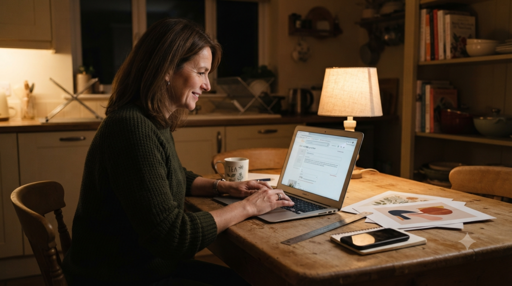 Beginner learning how to sell on Etsy using AI tools at a kitchen table at night
